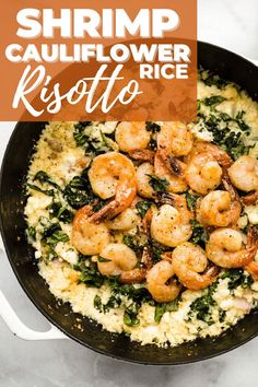 shrimp and cauliflower risotto in a skillet with text overlay