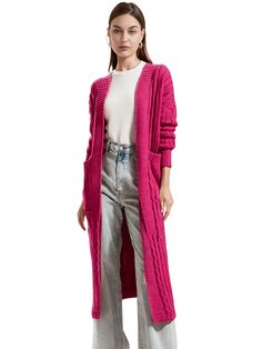 Stay warm and stylish with this knit Women's Extra Long Cardigan. This versatile piece is perfect for layering over your favorite outfits. Crafted from soft acrylic, it offers a comfortable and cozy feel. The extra long length provides ample coverage on chilly days. Key Features: Extra long length: Keeps you warm and in on current trends. Soft acrylic material: Provides a comfortable and cozy feel. Functional pockets: Keep your essentials within easy reach. Versatile styling: Can be dressed up o Oversized Long Acrylic Outerwear, Fall Solid Cable Knit Sweater Coat, Cozy Long Cable Knit Cardigan, Winter Long Chunky Knit Cardigan, Long Cable Knit Cozy Sweater Coat, Long Cozy Cable Knit Sweater Coat, Long Cable Knit Sweater Coat For Layering, Trendy Long Sweater In Solid Color, Cozy Long Cable Knit Sweater Coat