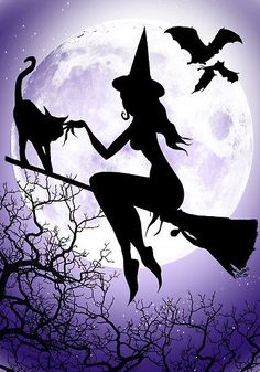 a black and white photo of a witch on a broom with bats flying in front of a full moon