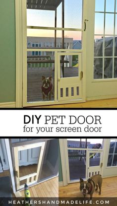 two pictures showing the inside and outside of a dog door with an open screen door