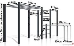 an image of a gym equipment set with measurements for the height and width, as well as how to measure it