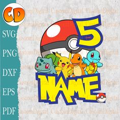 pokemon birthday shirt design with the name 5 and pikachu, eeo, and other