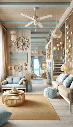 a living room filled with furniture and lots of blue pillows on top of a rug