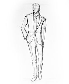 a drawing of a man in a suit standing with his hands in his pockets and looking to the side