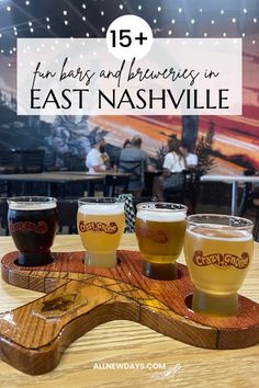 beer glasses on a wooden tray with the words, fun bars and brewers in east nashville