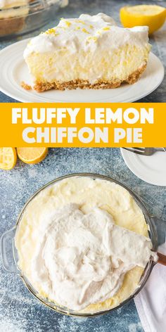 a close up of a pie on a plate with whipped cream and lemons in the background