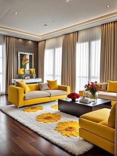 a living room filled with yellow furniture and flowers on the table in front of two windows