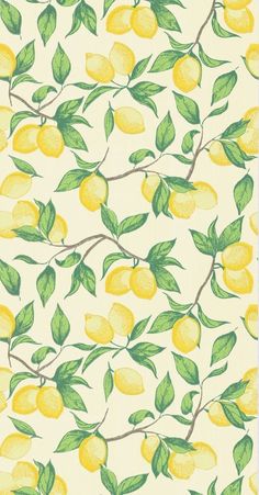 a yellow and green wallpaper with lemons on it