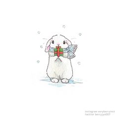 a drawing of a bunny holding a gift box in the snow with its paws on it's chest