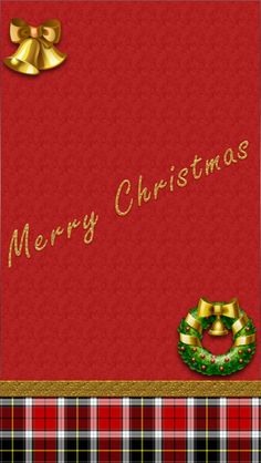 a red christmas card with a wreath and bow on it's side, surrounded by plaid