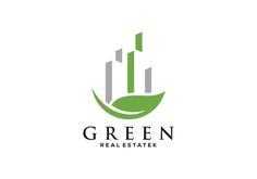 the logo for green real estate is shown in this image, with leaves and skyscrapers