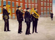 a painting of men in suits and hats playing musical instruments on the street with buildings in the background