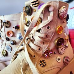 These funky fresh recycled/upcycled canvas hand sewn button boots are one of a kind, just like you.  Size 8.5 Shoe Upcycle Diy, Upcycling Shoes, Upcycle Shoes, Boots Diy, Button Boots, Diy Upcycle, Funky Outfits, Canvas Boots, Recycled Canvas