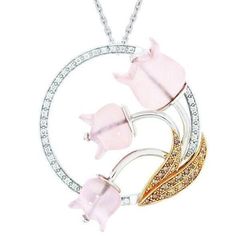 LALIQUE Muguet 18k Gold & Diamonds with Rose Quartz Pendant Women's Necklace - New! Lilly of the Valley Rose Quartz Nacklace in 18k White & Red Gold with Diamonds LALIQUE Diamonds: 34 at .35 carat Champagne Diamonds: 25 at .31 carat Pink Quartz Lilly-of-the-valley: 3 at 24.5 ct Total Weight: 28 Grams (approx) 23.75'' length of necklace (can be resized down). Size of pendant: 1.5'' inches (measurements are approx.) This iconic flower design represents the flora motifs explored by René Lalique, an Beautiful Diamond Necklace, Rose Quartz Necklace Pendants, Bijoux Art Nouveau, Diamond Flower Pendant, Rene Lalique, Nouveau Jewelry, Rose Quartz Pendant, Halo Pendant, Bezel Set Diamond