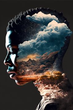 a woman's face with the image of mountains and clouds in her head, as if it were created from photoshopped images