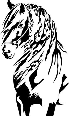 the silhouette of a horse's head is drawn in black and white, with long manes