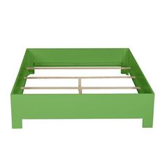 a green bed frame with wooden slats