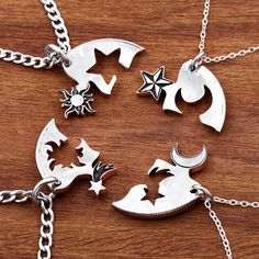 This 4 piece necklace set features a different astronomical body for piece on each necklace. The fine details are engraved, then we hand cut each piece so they all fit together like a puzzle. We made our Interlocking designs because we wanted to create something that unites people. Either friends or family. Each person gets a piece and every time they look at it, they feel the togetherness and friendship. Feel free to message us directly through Etsy for Custom Design possibilities and quotes. 4 Bff Necklaces, Friendship Jewelry For Four, 4 Best Friend Necklaces, 4 Friends Necklace, Necklaces For Friends, Friendship Necklaces For 4 Friends, Best Friend Bracelets For 4, Matching Trio Jewelry, Trio Friendship Necklace