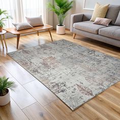 a living room area with couches, coffee table and potted plants on the floor