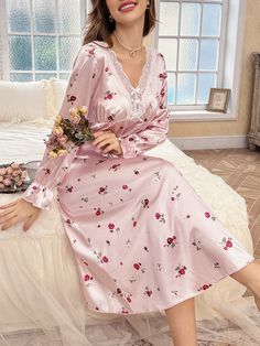 Women Lace Trim Bowknot Decor Faux Silk Ditsy Floral Nightgown Pink Elegant  Long Sleeve Satin Geometric,Fruit&Vegetable,Plants Nightgowns Slight Stretch All,Spring/Summer,Fall/Winter Women Sleep & Lounge, size features are:Bust: ,Length: ,Sleeve Length: Floral Nightgown, Elegant Bridal Dress, Ruffle Pattern, Vegetable Plants, Pink Details, Elegant Color, Loose Fabric, Lace Embroidery, Women Pants Casual