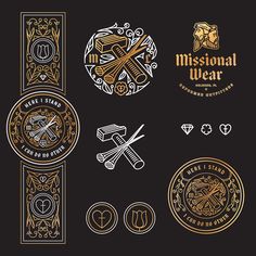 several different logos and emblems on a black background