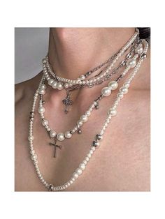 White  Collar  Glass   Embellished   Women Fashion Jewelry Pearl Necklace Ideas, Layered Accessories, Kalung Choker, Jewelry Layering, Бисер Twin, Pretty Jewelry Necklaces, Long Pearl Necklaces, Stacked Necklaces, Beaded Cross