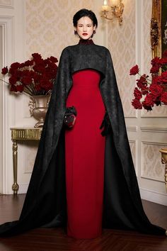 Antonella Sheath Cape Sleeved Silk Floor Length Dress | MEAN BLVD Fantasy Ball, Full Closet, Cape Gown, Red Gowns