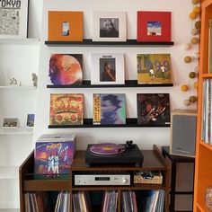 there are many records on the shelves in this room, including vinyls and cds