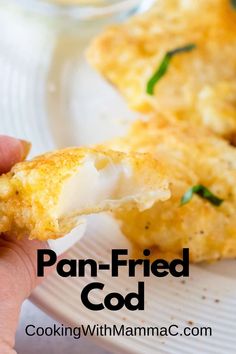 a person is holding up a piece of food with the words pan - fried god on it