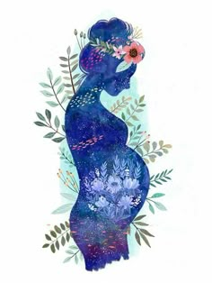 the silhouette of a woman with flowers in her hair