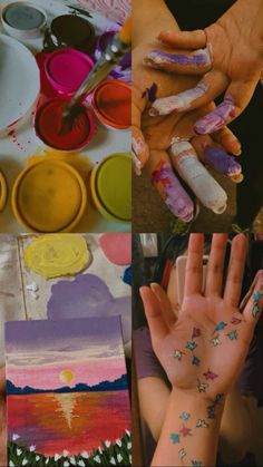 four different pictures with various designs and colors on their hands, one is holding up her hand while the other has painted