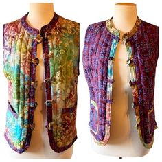 Nwt Quilted Colorful Batik Reversible Wearable Art Vest With Abalone Buttons Size - Small Material: Cotton Measurements Bust 34” Shoulder To Hem 24” A46 Nwt Quilted Colorful Batik Reversible Wearable Art Vest -Small Bohemian Purple Outerwear For Festivals, Festival Vest, Cardigan Vest Sleeveless, Vintage Denim Vest, Wearable Art Clothing, Fashion Drawing Tutorial, Quilt Jacket, Vest Pattern, Ladies Of London