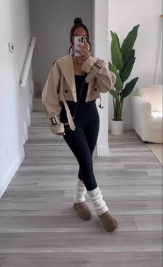 Snow Casual Outfit, Date Outfits Restaurant, Movie Night Comfy Outfit, Boots And Trench Coat Outfit, Jean Skirt With Tights Outfit, Uggs And Dresses Outfit, Fall Lookbook Outfits, Tight Winter Outfits, 55 Degree Weather Outfit Casual