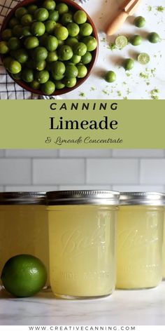 three jars filled with limeade sitting on top of a counter