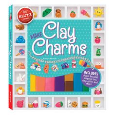 the make clay charms book is shown in front of a white shelf filled with toys