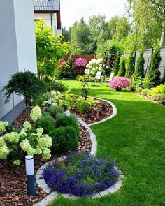 a garden with green grass and purple flowers