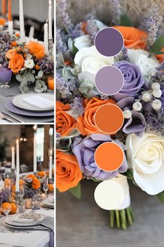 the table is set with orange and purple flowers, candles, and place settings for dinner