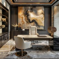 an elegant office with marble floors and large painting on the wall above it's desk