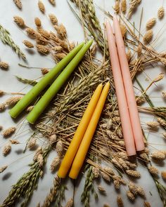 three different colored candles sitting next to each other on top of some grass and wheat