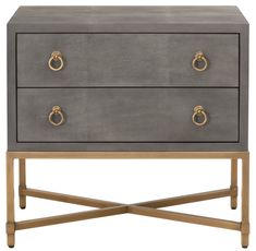 a grey and gold dresser with two drawers on one side, an open drawer in the other