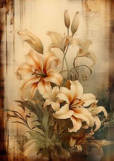 a painting of flowers on a brown background