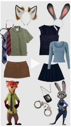 several different outfits and accessories are shown in this image, including an animal mask, skirt, shirt, tie, headbands, gloves, keychain