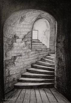 a pencil drawing of stairs leading to a window