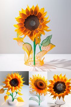 four different images of sunflowers made out of wire