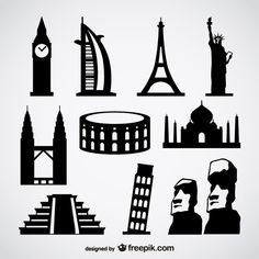 black and white silhouettes of famous places around the world, including the eiffel tower