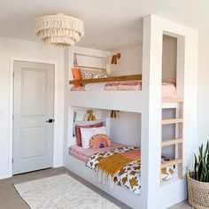 a bedroom with two bunk beds and a rug in front of the bed is next to a potted plant