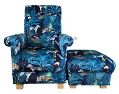 an upholstered chair and footstool with tropical print