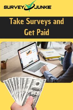 a person is holding money in front of a laptop with the words take surveys and get paid