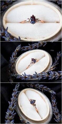 three different pictures of an engagement ring in a box with lavender sprouts around it