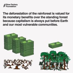 the deforestation of the rainforest is value for its monetary benefits over the standing forest because capitalism always put before earth and our most valuable communities